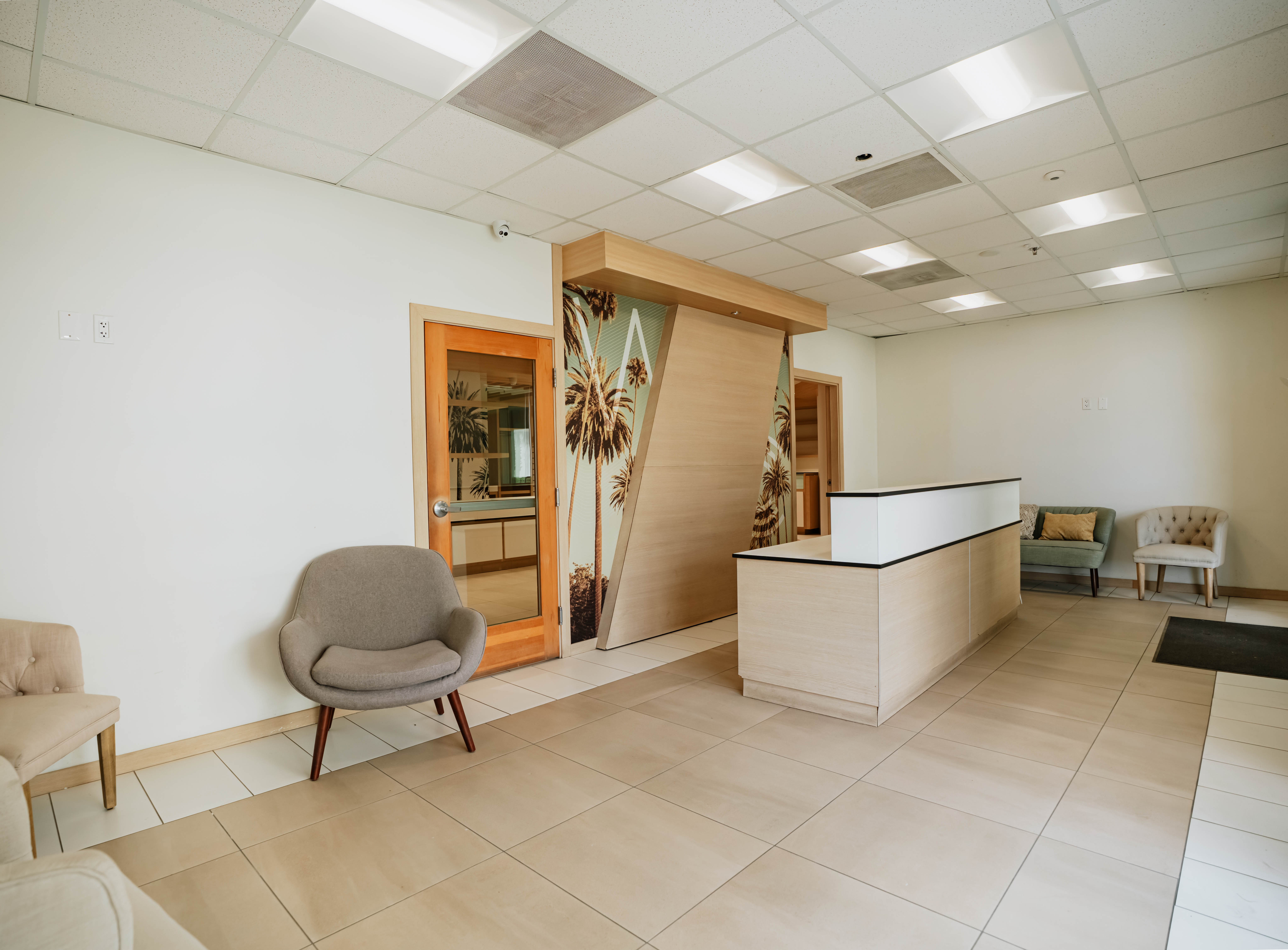 Lobby seating area with reception desk